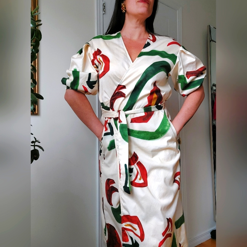 Ann Mashburn Cotton Colorful Abstract Print Wrap Dress - Large